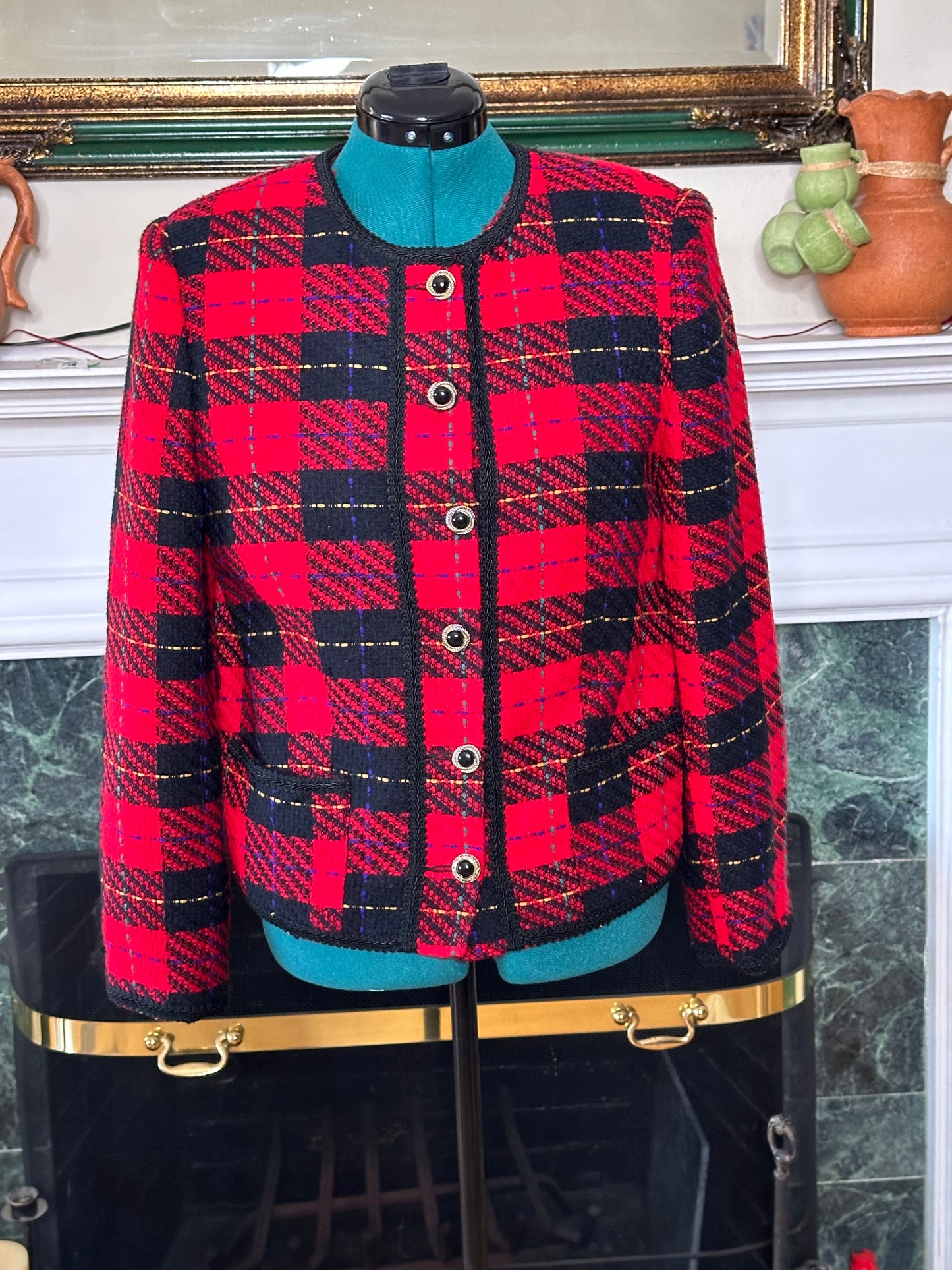 Requirements Red plaid vintage blazer silver buttons sz 14 pit 20”