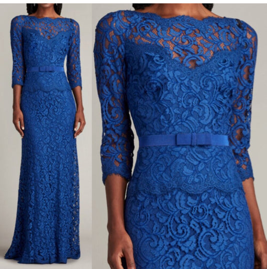 Tadashi Shoji Amberly Blue Lagoon Lace Belted gown evening dress sz 16