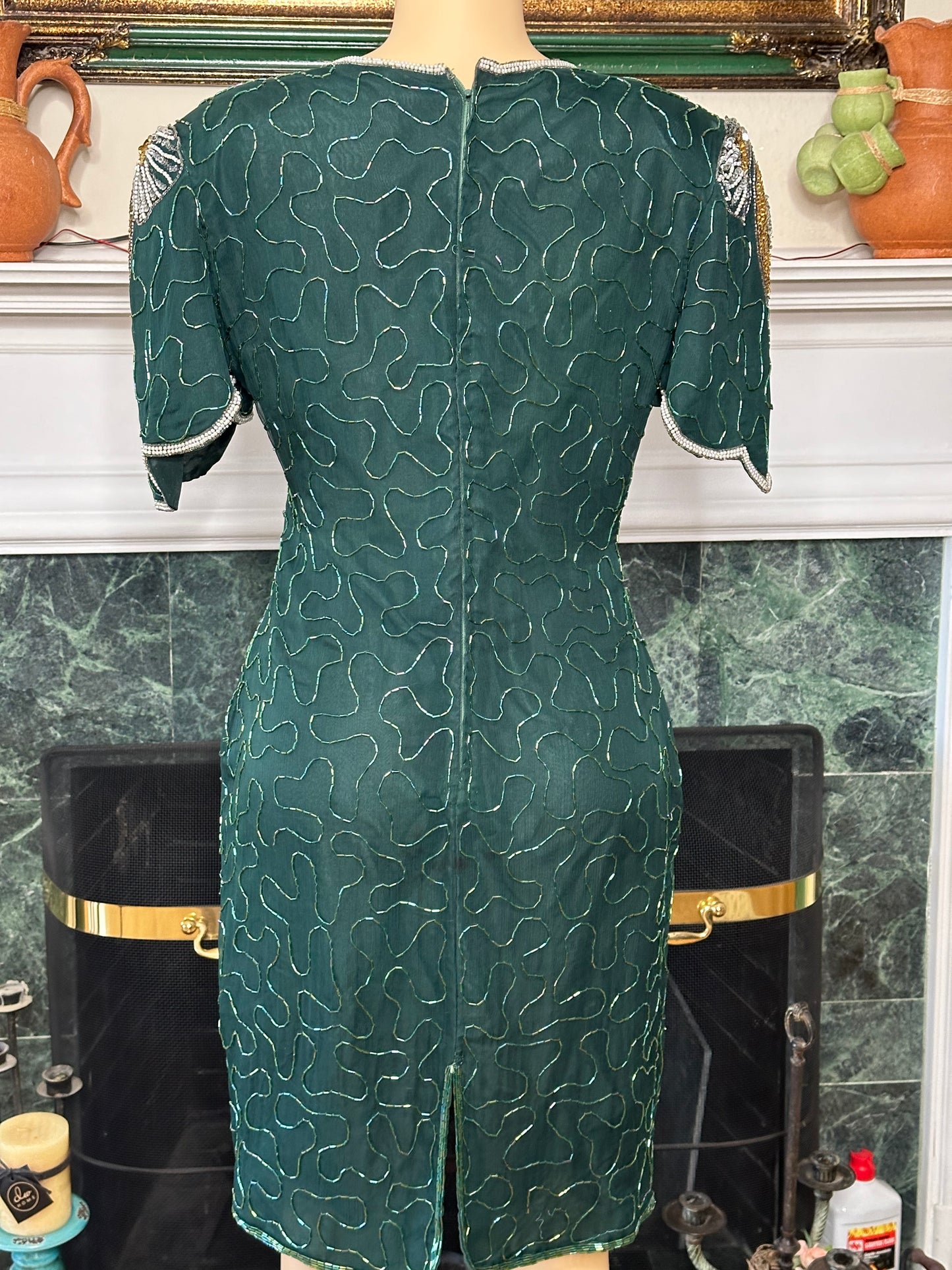 DENISE ELLE 100% silk shell Emerald Green and Gold Sequin dress sz L 20” pit