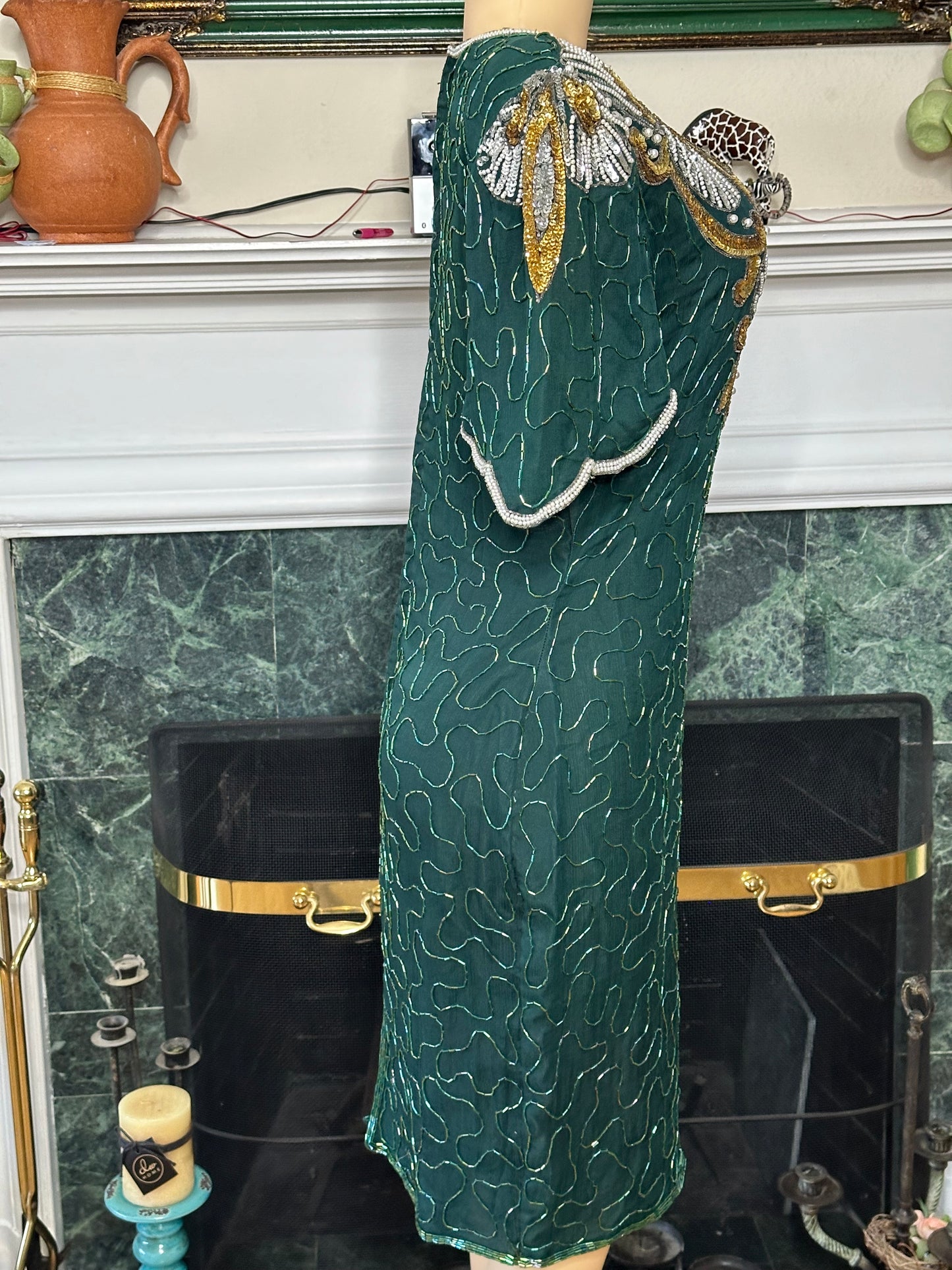 DENISE ELLE 100% silk shell Emerald Green and Gold Sequin dress sz L 20” pit