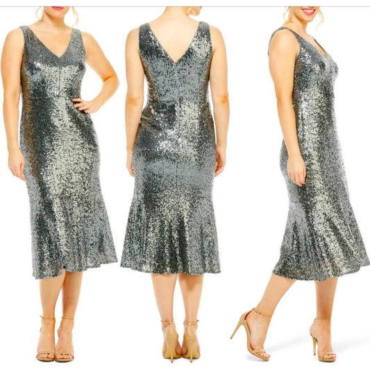 Maggy London Silver Sequin Midi Evening Dress sz 16