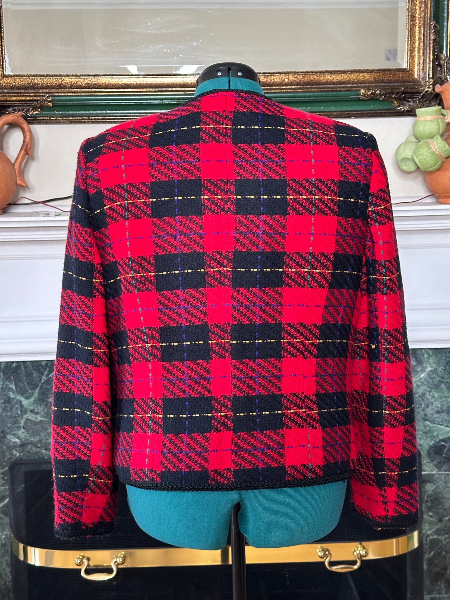 Requirements Red plaid vintage blazer silver buttons sz 14 pit 20”