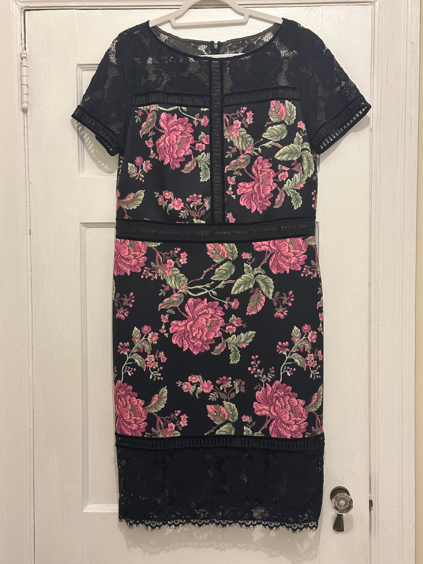 Tadashi Black Pink and Green Floral Neoprene and Lace Sheath Dress sz 16