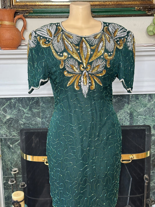 DENISE ELLE 100% silk shell Emerald Green and Gold Sequin dress sz L 20” pit