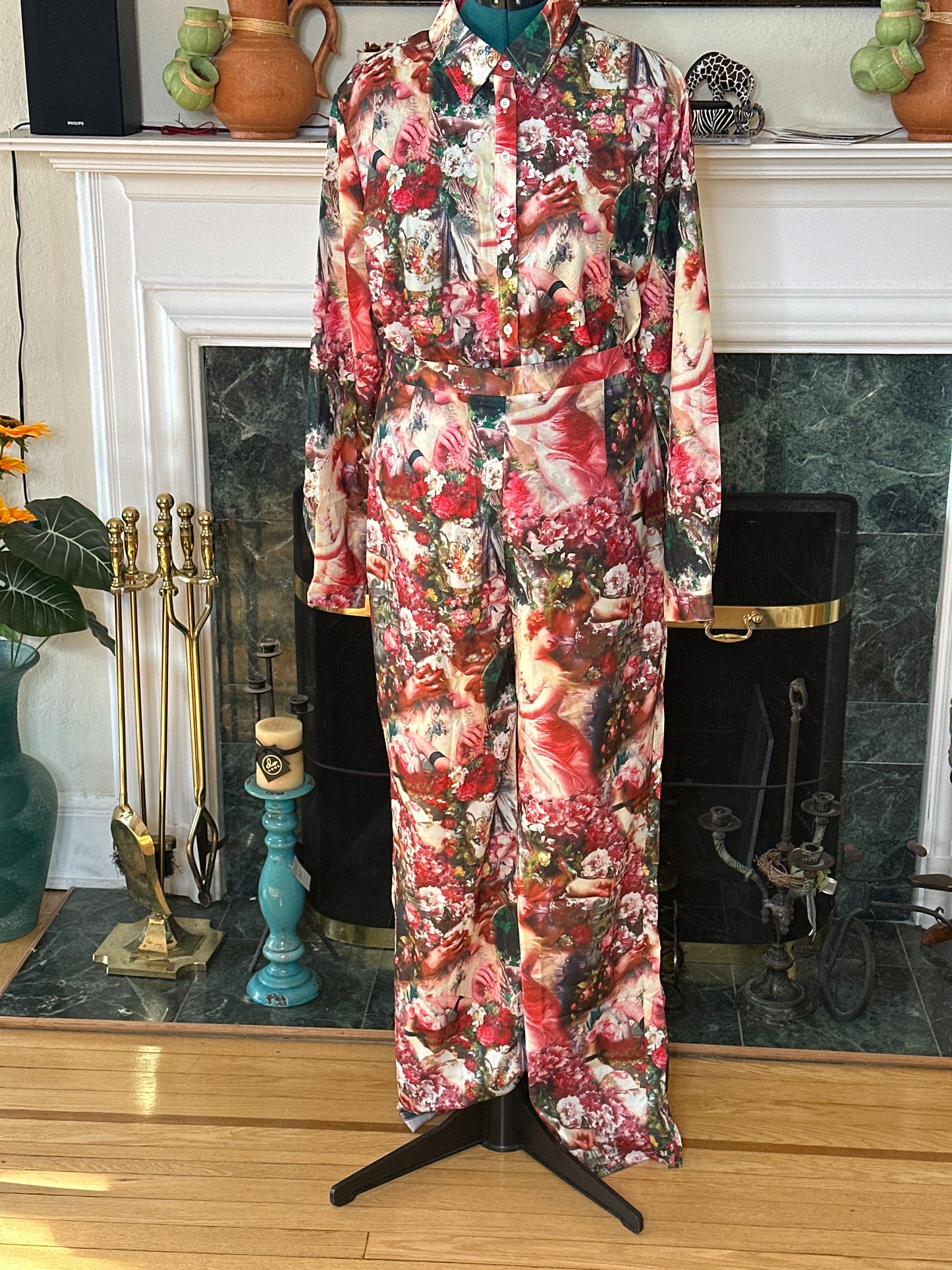 NWT Pretty Little Thing Plus 2pc Rose Femme Renaissance print pants suit sz 14