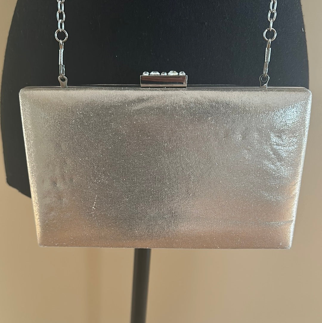 Gold shimmery evening bag with silver hardware