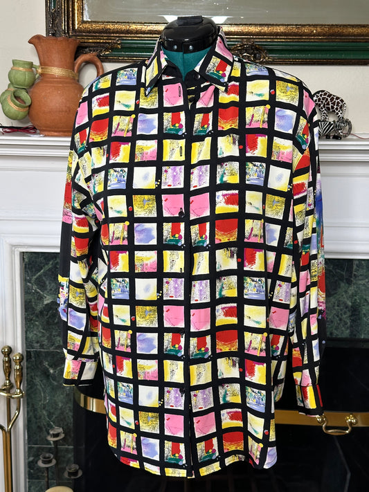 Le Caviar Multicolor window pane blouse sz M