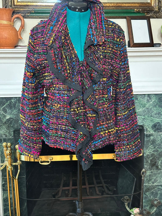 90's VINTAGE Berek multicolor tweed blazer w/ ruffle and lace trimmed collar sz XL p2p 22"