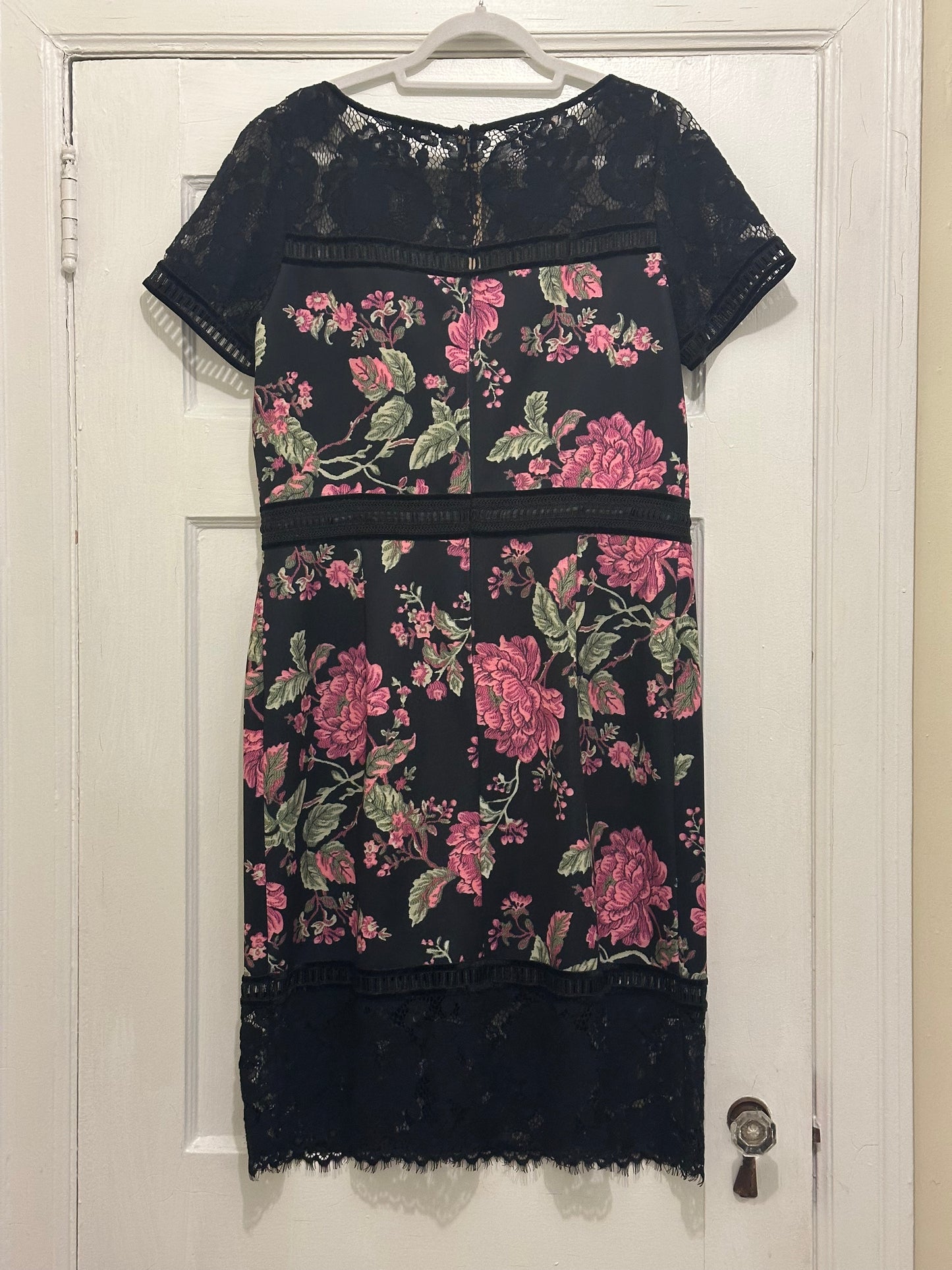 Tadashi Black Pink and Green Floral Neoprene and Lace Sheath Dress sz 16