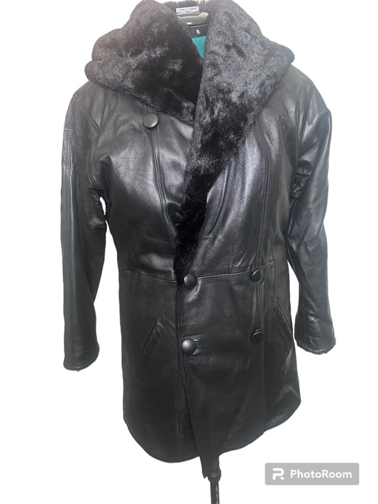 Genuine Leather Coat with faux fur hood and removable liner sz XL***Inside seam needs repair