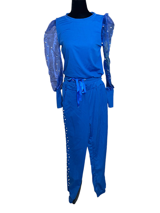 Royal Blue 2pc pants set w/ pearls