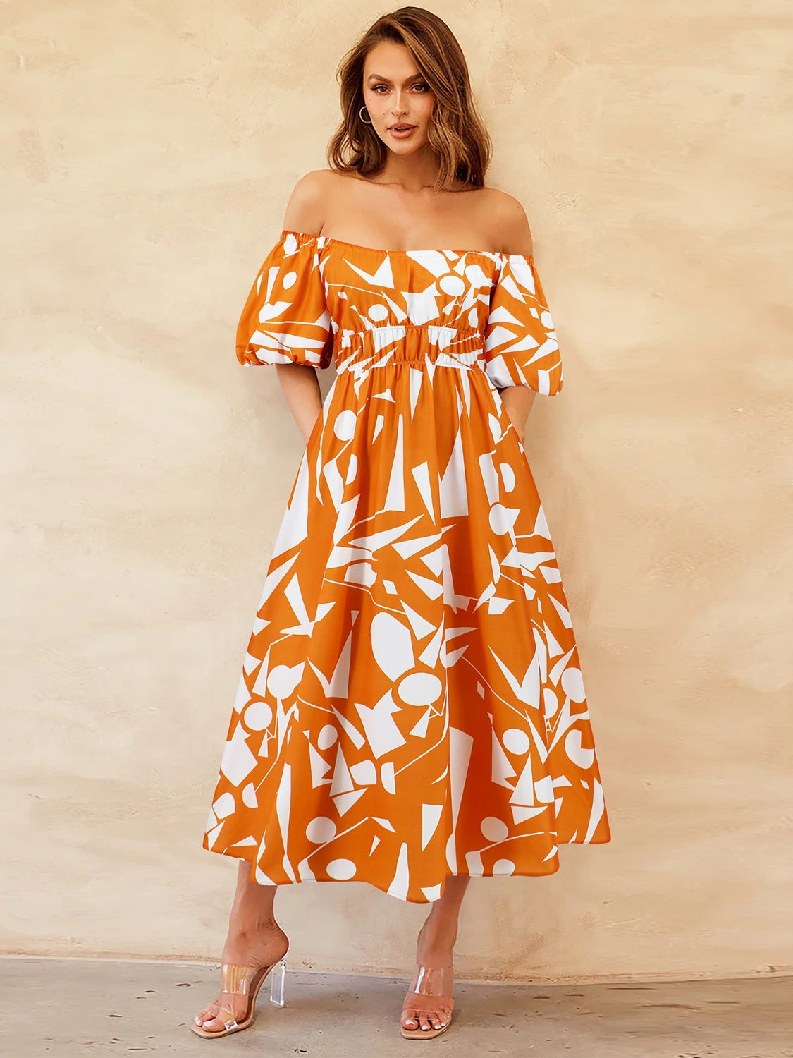 Printed Off-Shoulder Balloon Sleeve Dress