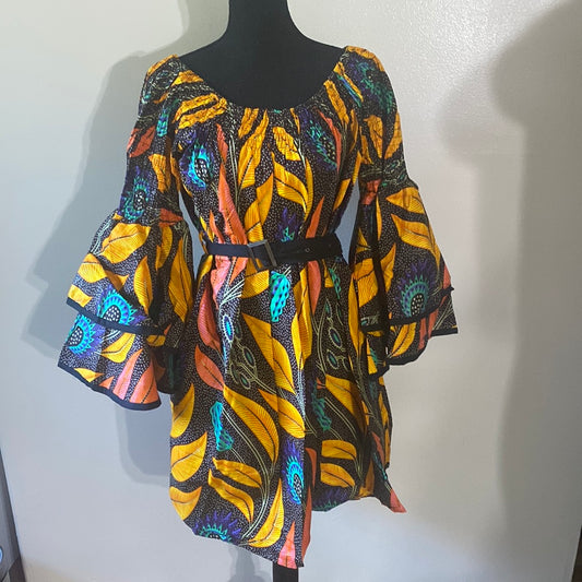 918 BELL SLEEVE ANKARA MIDDY DRESS W/PCKTS AND MATCHING HEADWRAP SZ FS