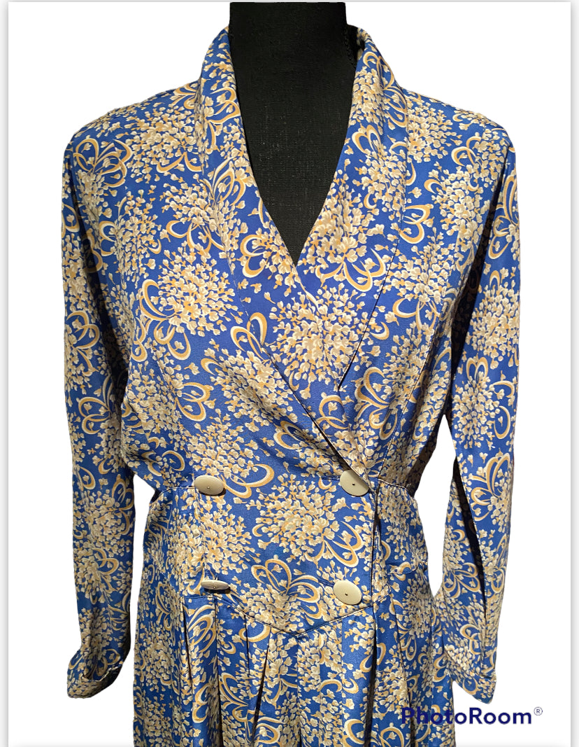 BLUE/MUSTARD PRINT VINTAGE DRESS SZ 6 (FITS 8/10)