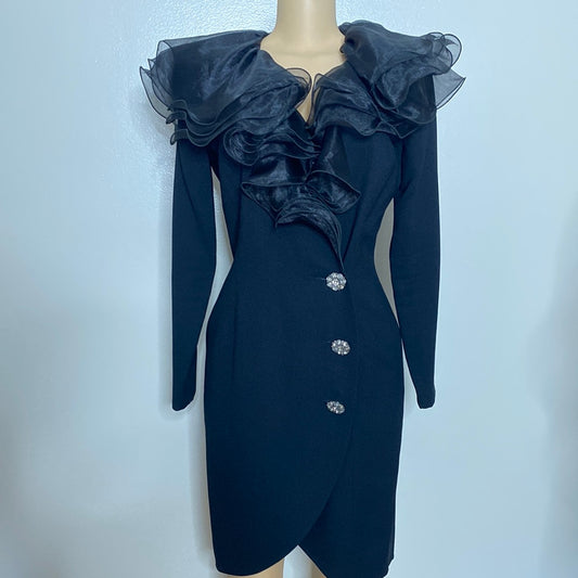 912 BLACK EVENING COCKTAIL RUFFLE NECK DRESS W/RHINESTONE BUTTONS  SZ 10