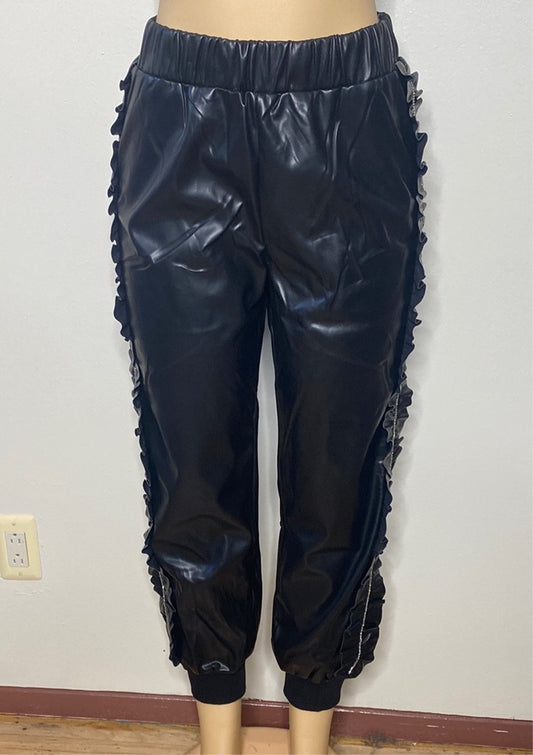 BLACK FAUX LEATHER JOGGERS W SEQUIN STRIP