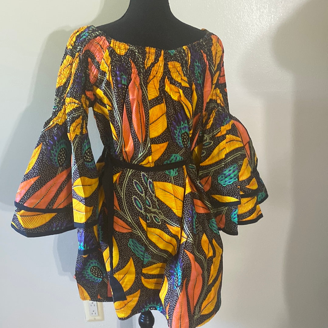 918 BELL SLEEVE ANKARA MIDDY DRESS W/PCKTS AND MATCHING HEADWRAP SZ FS