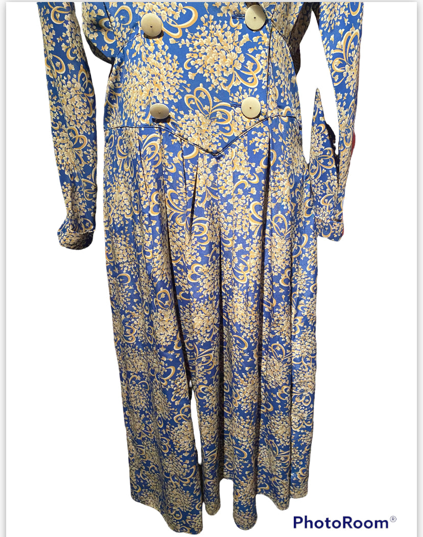 BLUE/MUSTARD PRINT VINTAGE DRESS SZ 6 (FITS 8/10)