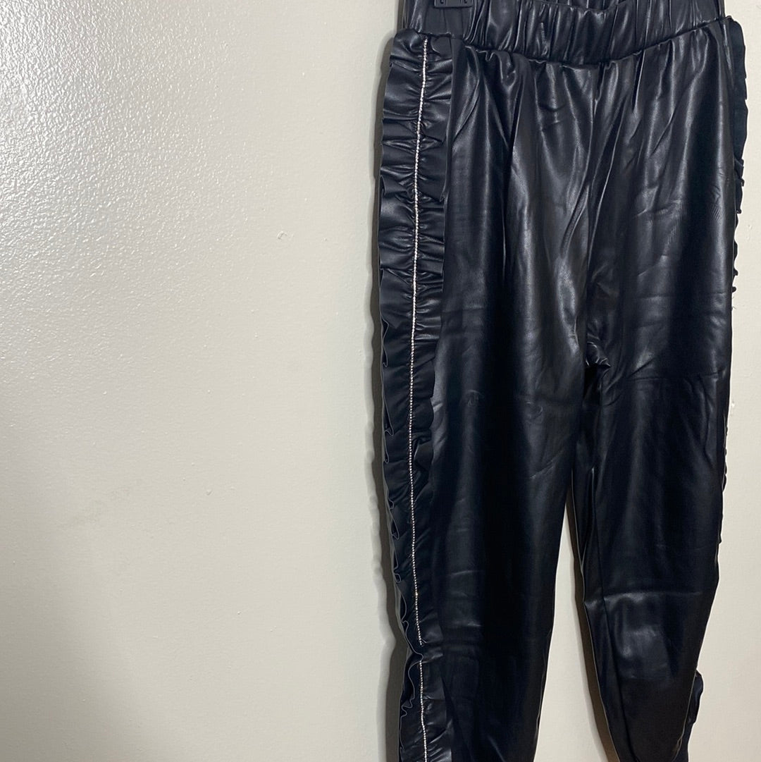 BLACK FAUX LEATHER JOGGERS W SEQUIN STRIP