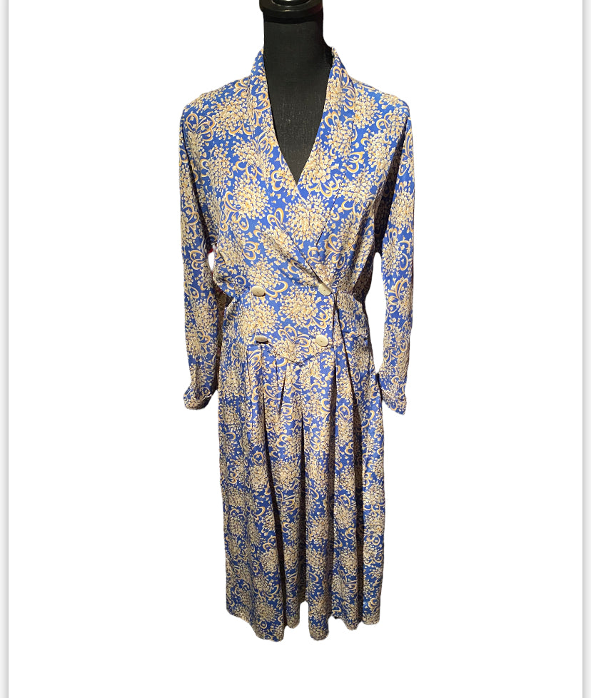 BLUE/MUSTARD PRINT VINTAGE DRESS SZ 6 (FITS 8/10)