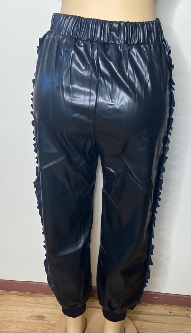 BLACK FAUX LEATHER JOGGERS W SEQUIN STRIP