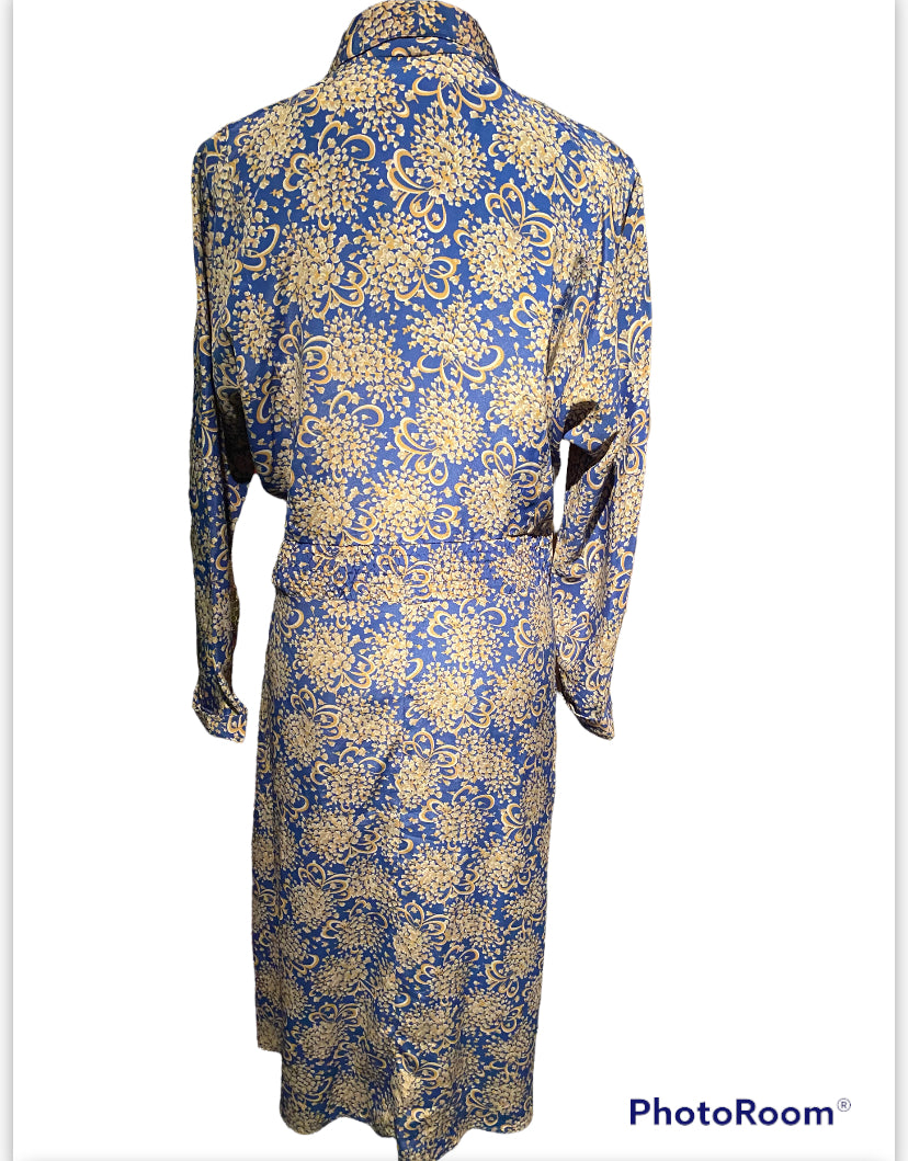 BLUE/MUSTARD PRINT VINTAGE DRESS SZ 6 (FITS 8/10)