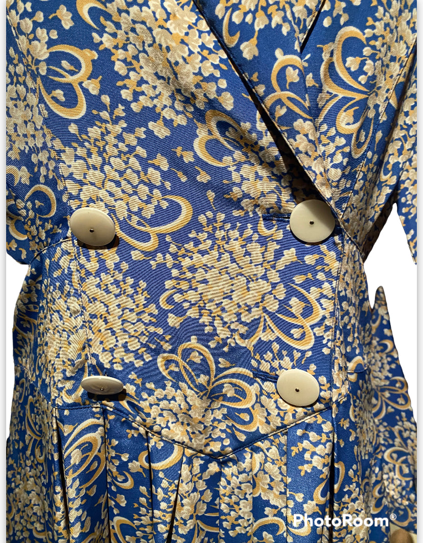 BLUE/MUSTARD PRINT VINTAGE DRESS SZ 6 (FITS 8/10)