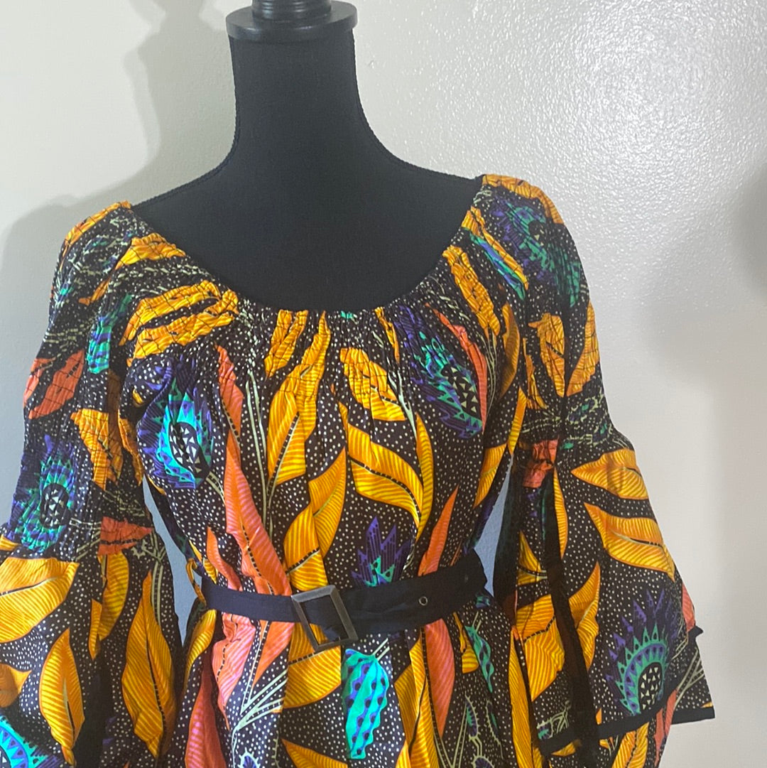 918 BELL SLEEVE ANKARA MIDDY DRESS W/PCKTS AND MATCHING HEADWRAP SZ FS